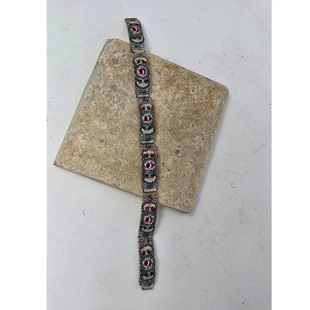 Vtg Italian micro mosaic link panel bracelet floral glass artsy tesserae tiles